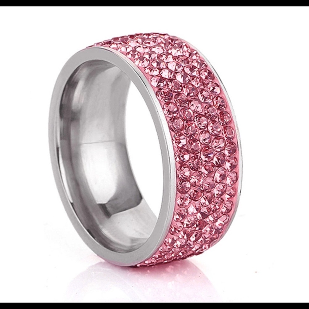 Crystal Pink Stainless Steel Ring Size 7 - 12